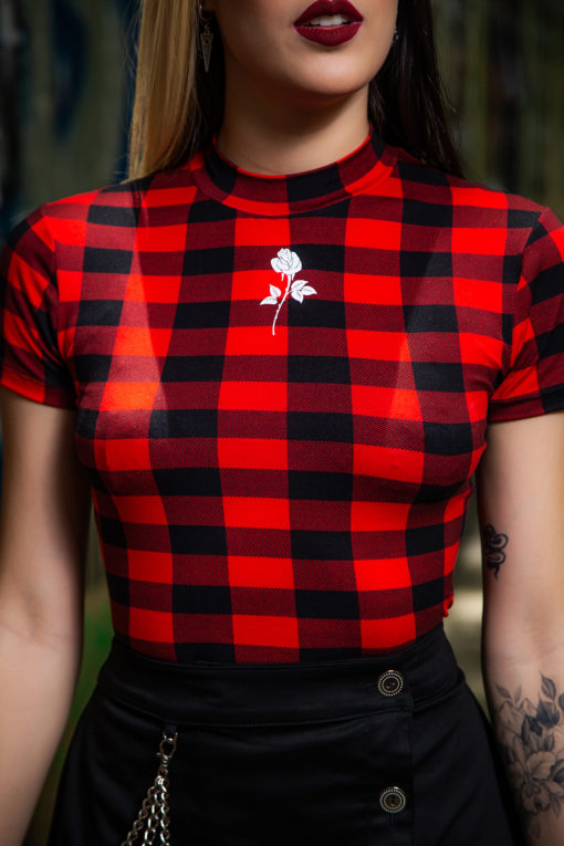 Camisa cuadros con estampado de rosa<br> - Imagen 2