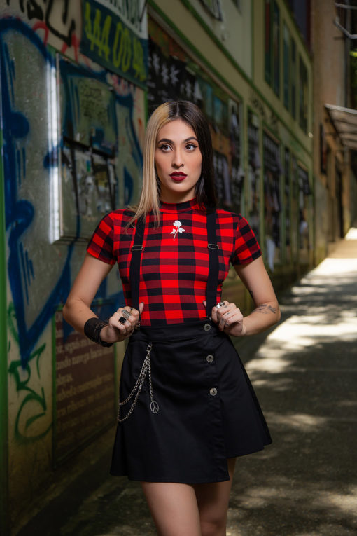 Camisa cuadros con estampado de rosa<br>